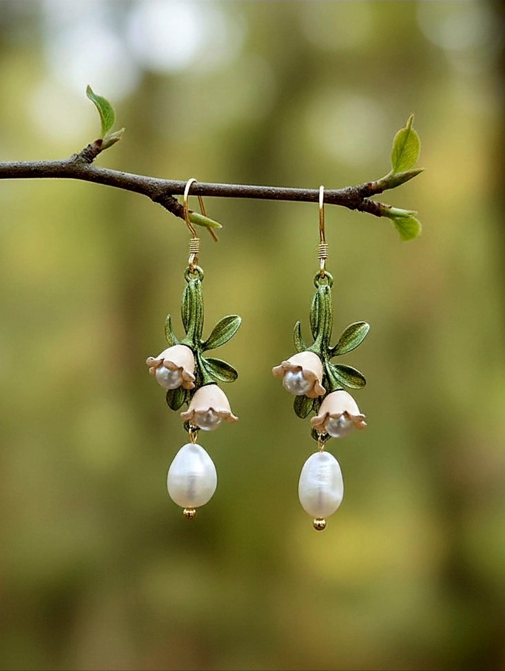 925 Silver Needle ,Freshwater Pearl Bell Orchid Drop Earrings - Women Jewelry